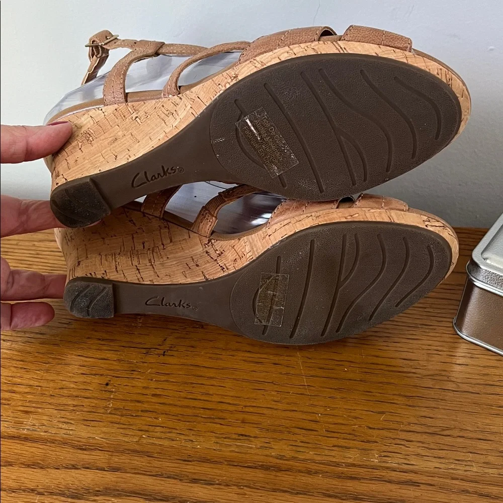 Clark Beaded Cork Wedge Leather Sandals Tan Brown Bronze Size 7.5